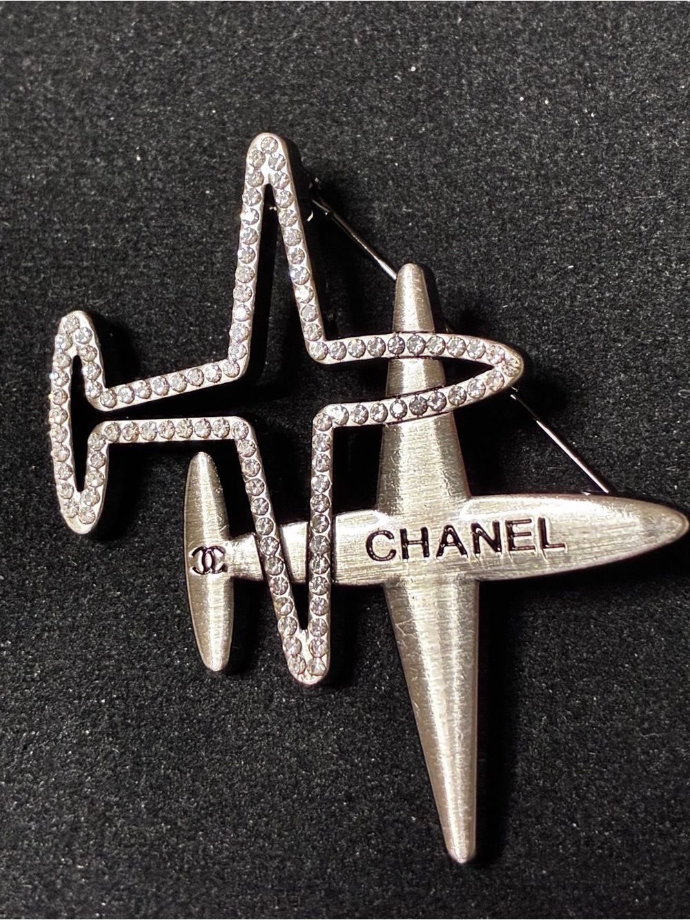 Double C Airplane ✈️ Silver Tone with Crystal Embellishment Brooch